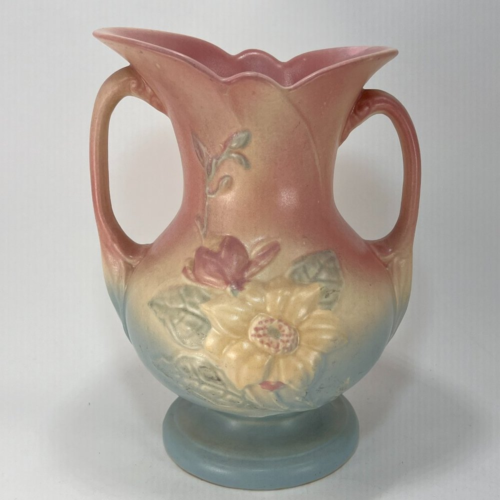 Vtg Hull Art Vase Magnolia Double Handle Ceramic Multicolor Pastel Matte 40s